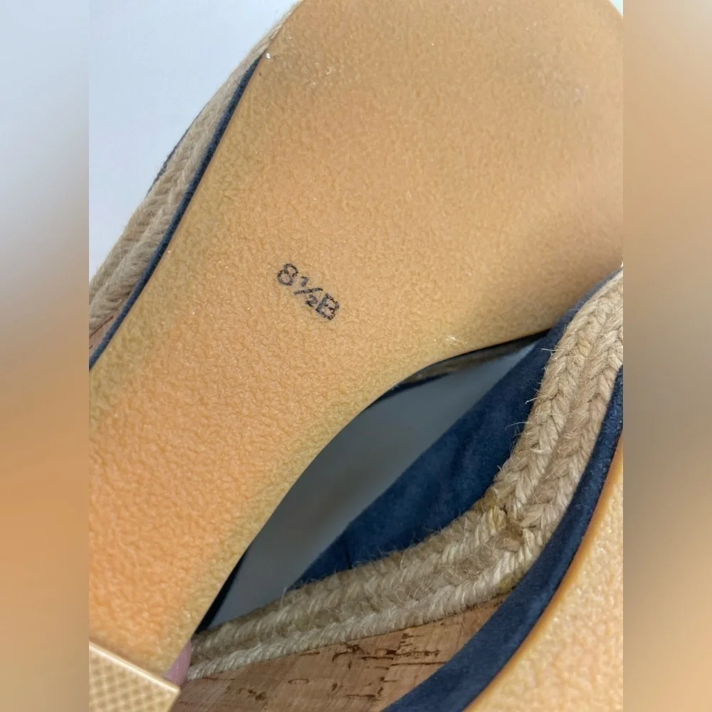 Audrey Brooke~Blue Faux Suede~Espadrille Cork Wedge~Peep Toe~Sandal~Size 8.5B